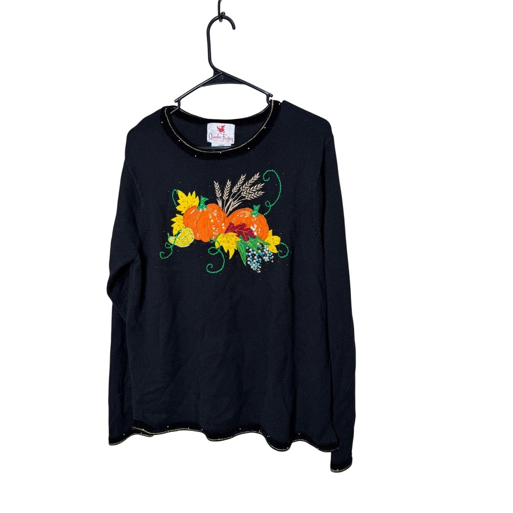 Quacker Factory Black Long Sleeve Sweater Beaded Pumpkin‎ Floral Fall Autumn L